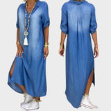 Lea | Vestido Largo Efecto Denim Con Abertura Lateral